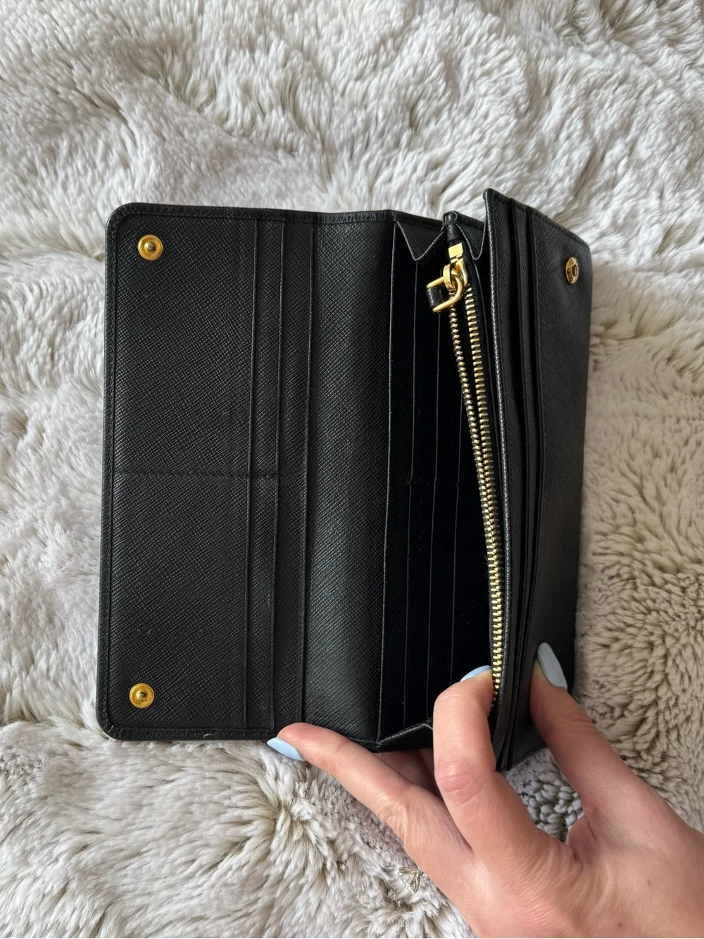 Vintage Prada Black Saffiano Leather Continental Wallet with Gold Logo